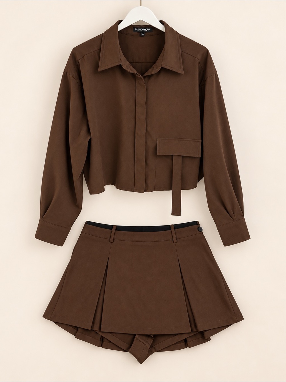 Fashion Nova Brown Pleated Skirt Set with Cropped Shirt
